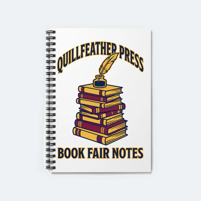 A quill on a stack of books, QUILLFEATHER PRESS, on a white spiral notebook