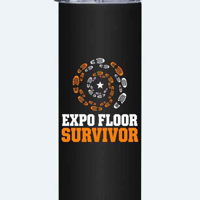 Footprints spiraling around a star, EXPO FLOOR SURVIVOR, on a black steel tumbler
