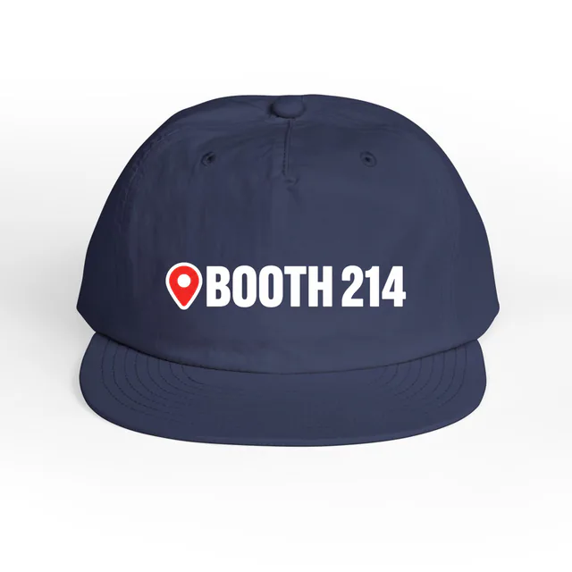 A map pin beside BOOTH 214, on a cobalt surf cap