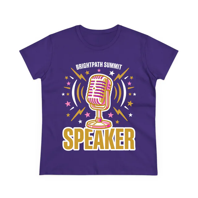 A vintage microphone with sound waves, SPEAKER, on a purple women's t-shirt