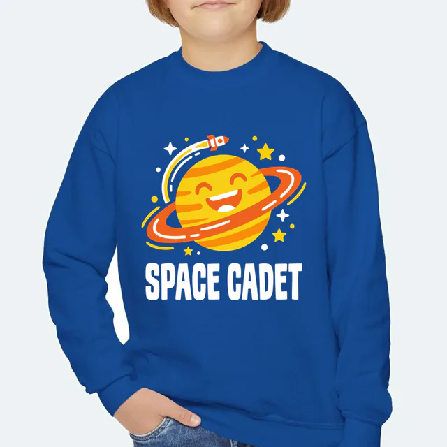 A ringed planet with a looping rocket, SPACE CADET, on a royal youth crewneck