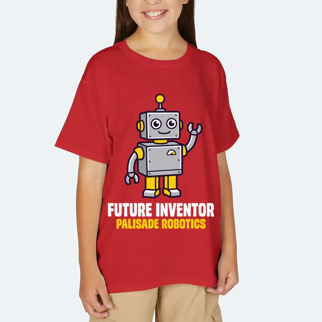 A waving boxy robot, FUTURE INVENTOR, on a red youth t-shirt