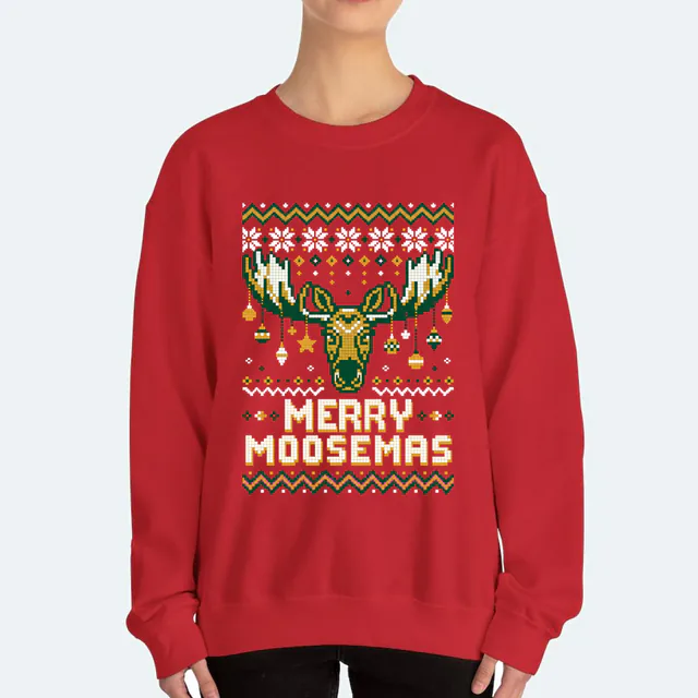 A pixel-stitch moose with ornaments on its antlers, MERRY MOOSEMAS, on a red adult crewneck