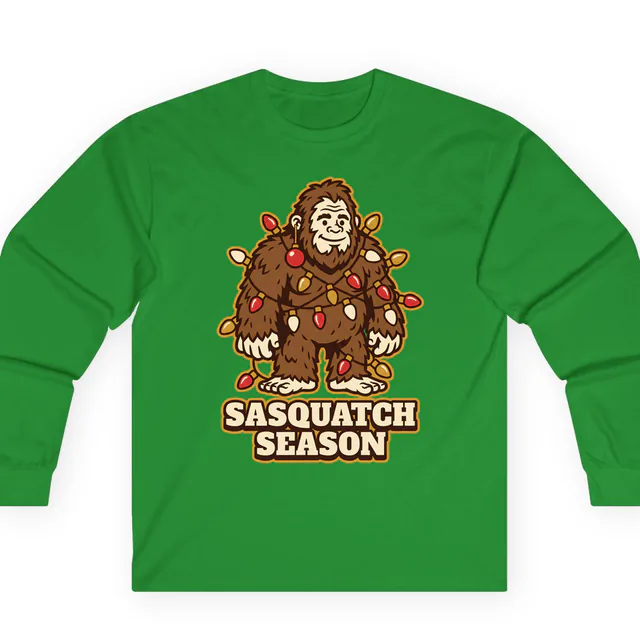 A sasquatch tangled in colored lights, SASQUATCH SEASON, on a kelly green adult long sleeve