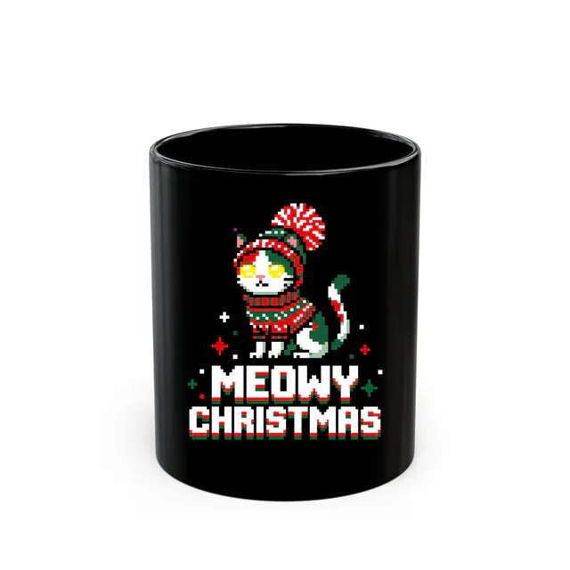 A pixel cat in a tiny pom-pom sweater, MEOWY CHRISTMAS, on a black mug