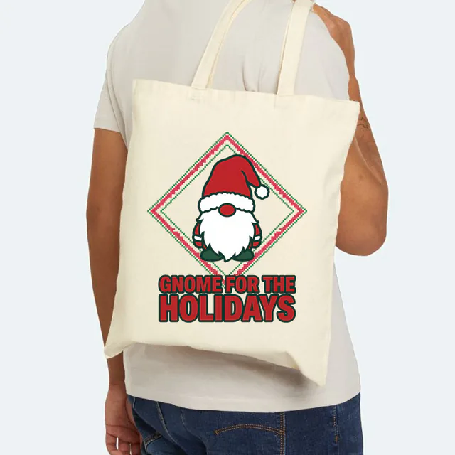 A bearded gnome in a pixel diamond, GNOME FOR THE HOLIDAYS, on a natural canvas tote