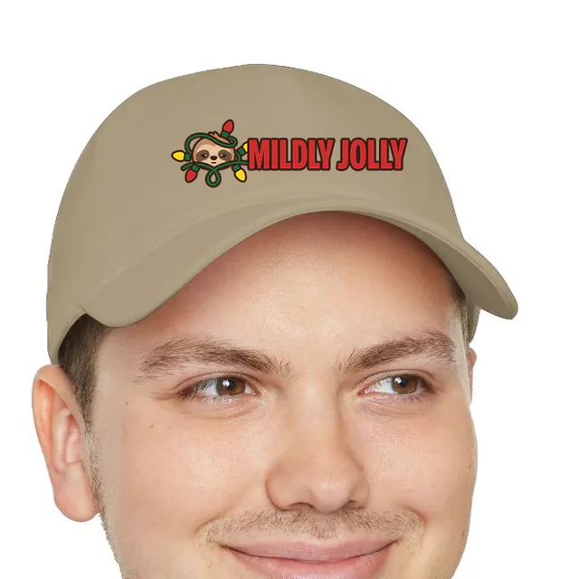 A sloth in a strand of lights beside MILDLY JOLLY, on a khaki dad hat