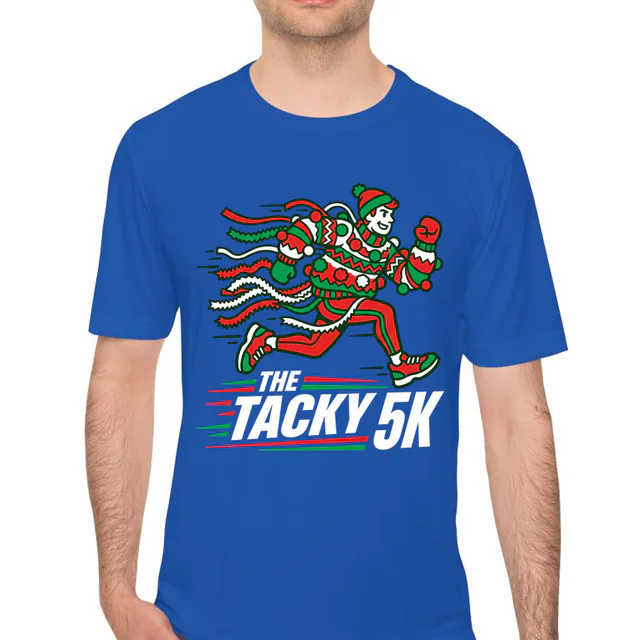 A runner in a pom-pom sweater with tinsel flying, THE TACKY 5K, on a royal performance tee
