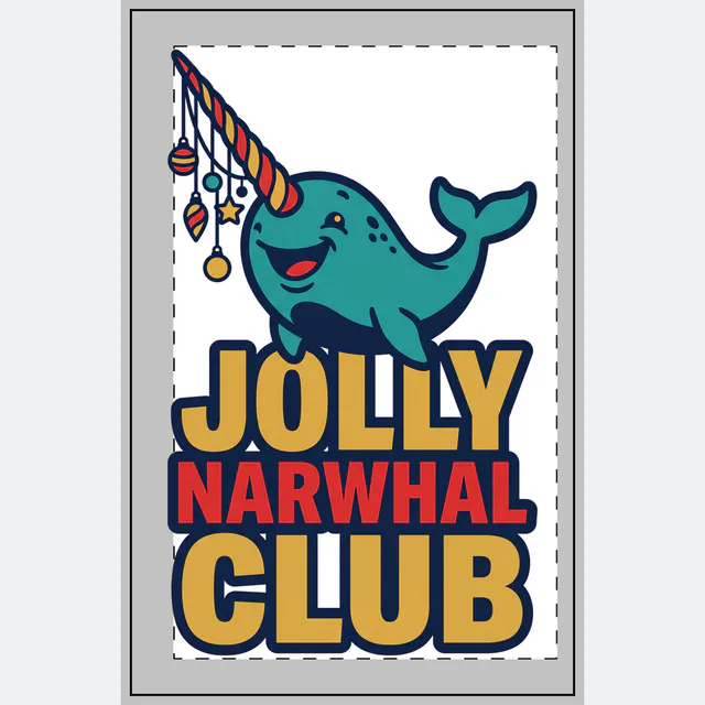 A narwhal trailing ornaments from its horn, JOLLY NARWHAL CLUB, on a white dotted notebook