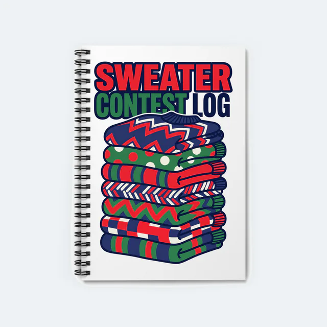 A stack of folded loud sweaters, SWEATER CONTEST LOG, on a white spiral notebook