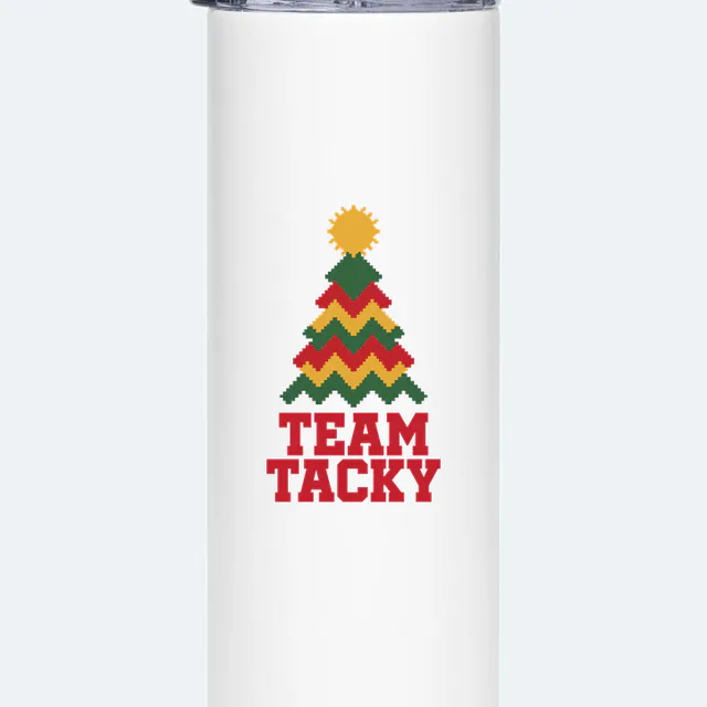 A pixel-stitch tree with a pom-pom star, TEAM TACKY, on a white steel tumbler