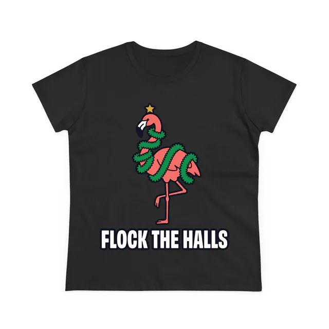 A flamingo wrapped in tinsel, FLOCK THE HALLS, on a black women's t-shirt