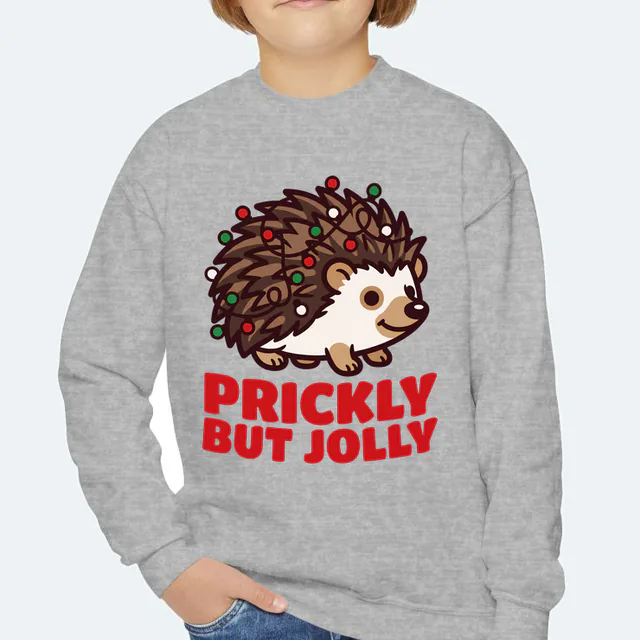 A hedgehog with lights in its spikes, PRICKLY BUT JOLLY, on a sport gray youth crewneck