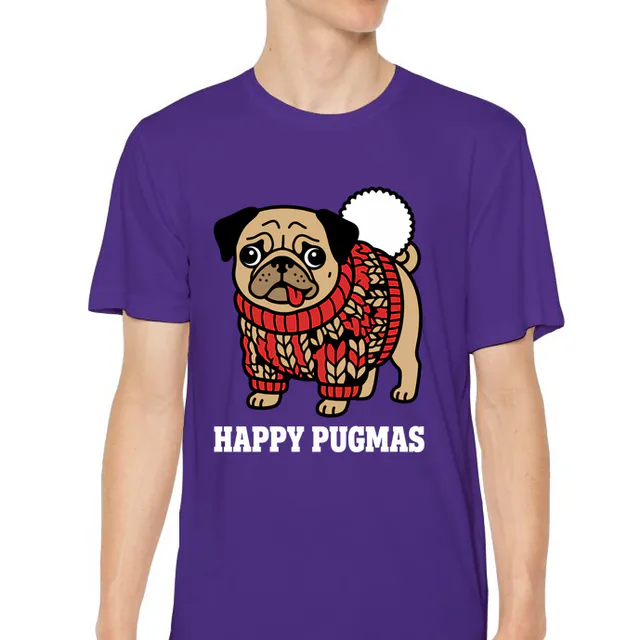 A pug in a lumpy pom-pom sweater, HAPPY PUGMAS, on a purple youth performance tee