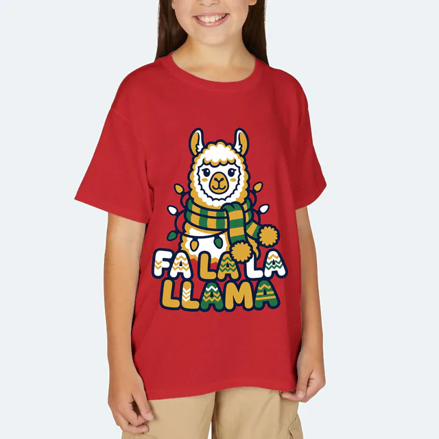A llama draped in lights, FA LA LA LLAMA, on a red youth t-shirt