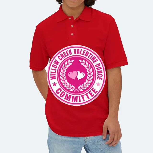 A laurel heart emblem for the Willow Creek valentine dance, on a red adult polo