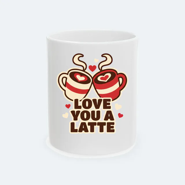 Two lattes with heart foam art, LOVE YOU A LATTE, on a white ceramic mug