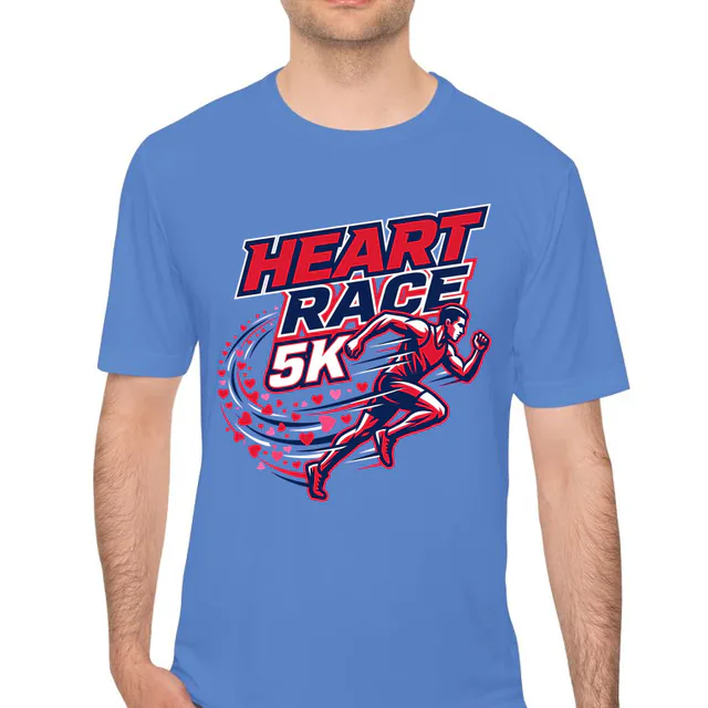 A runner leaving a trail of hearts, HEART RACE 5K, on a carolina blue performance tee