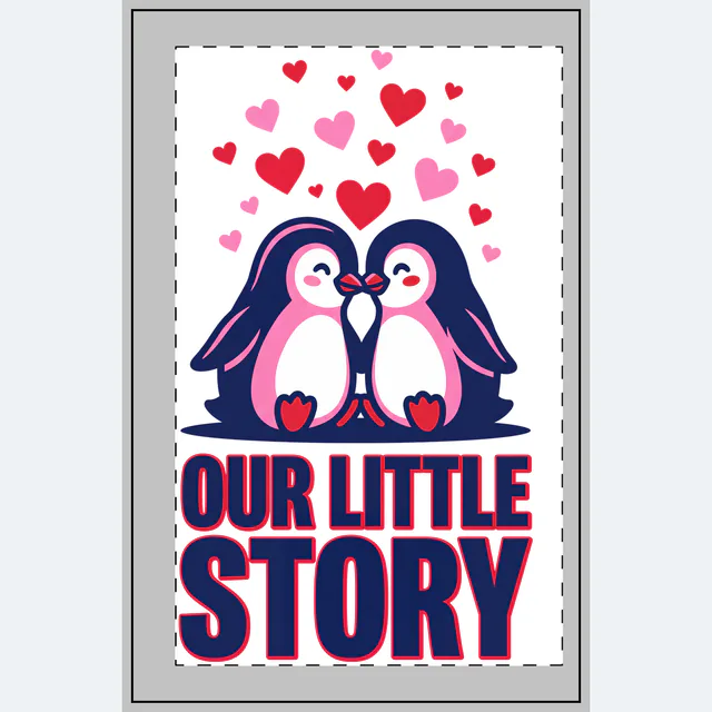 Two penguins nuzzling under falling hearts, OUR LITTLE STORY, on a white dotted notebook