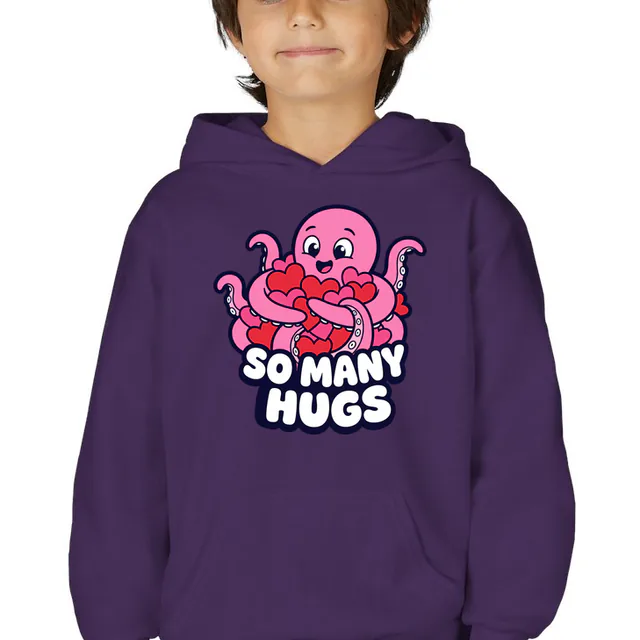 An octopus hugging a pile of hearts, SO MANY HUGS, on a purple youth hoodie