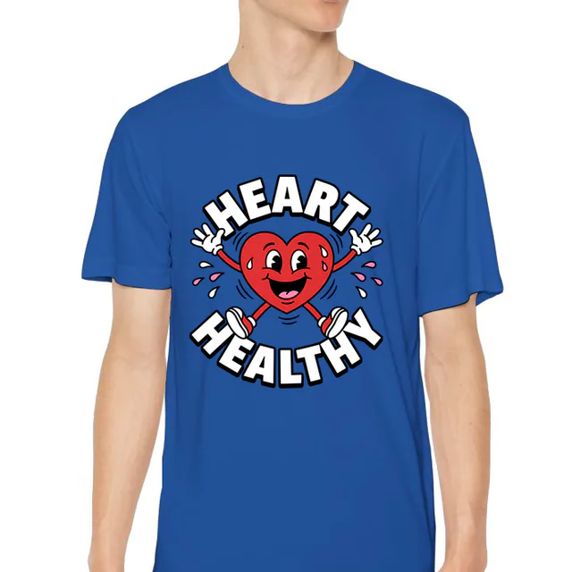 A heart doing jumping jacks, HEART HEALTHY, on a royal youth performance tee