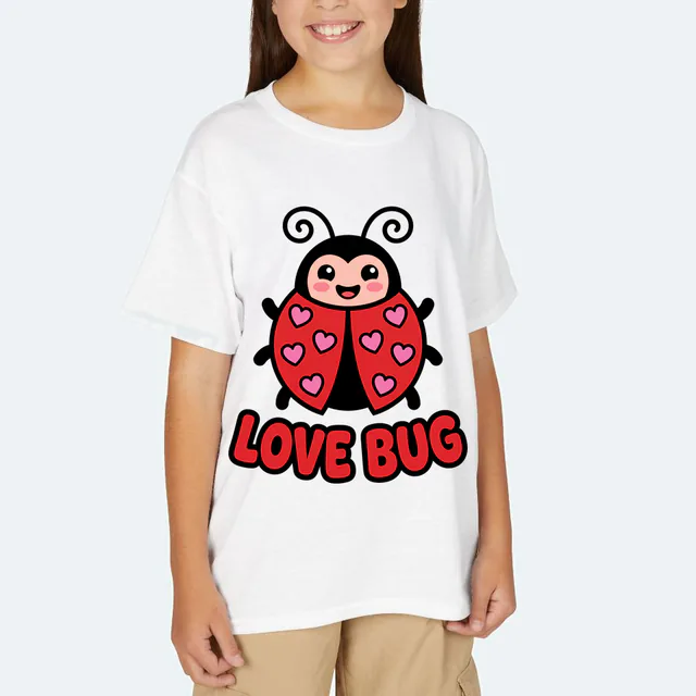 A ladybug with heart-shaped spots, LOVE BUG, on a white youth t-shirt