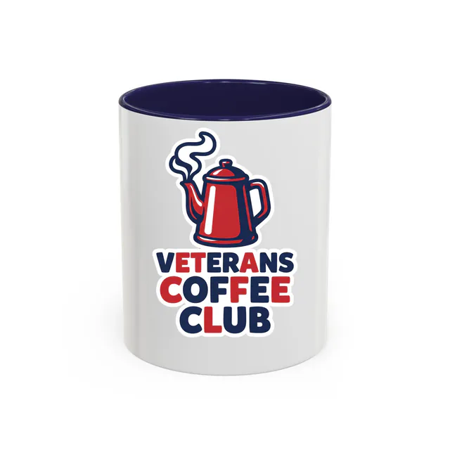 A steaming coffee pot, VETERANS COFFEE CLUB, on a navy accent mug