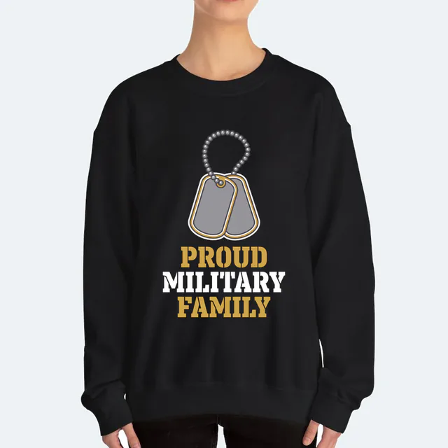 Dog tags on a beaded chain, PROUD MILITARY FAMILY, on a black adult crewneck