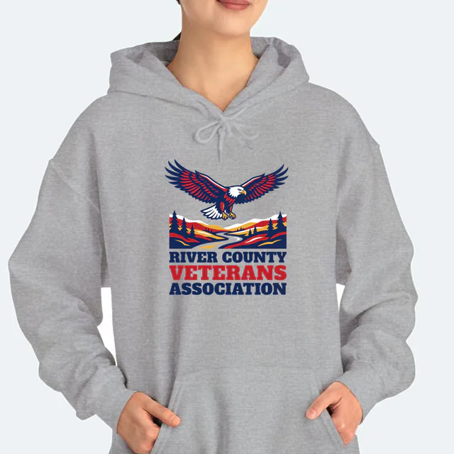 An eagle gliding over a valley, RIVER COUNTY VETERANS, on a sport gray adult hoodie
