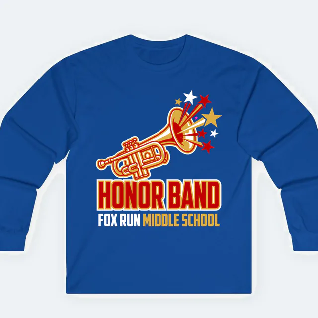 A trumpet blowing a burst of stars, HONOR BAND, on a royal adult long sleeve