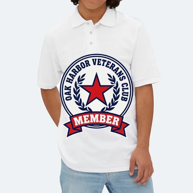 A star and laurel emblem for the Oak Harbor Veterans Club, on a white adult polo