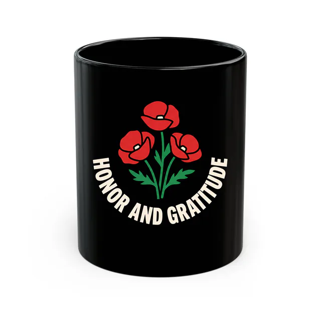 Three red poppies, HONOR AND GRATITUDE, on a black mug