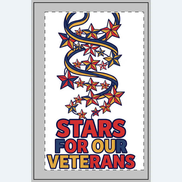 A garland of folded paper stars, STARS FOR OUR VETERANS, on a white dotted notebook