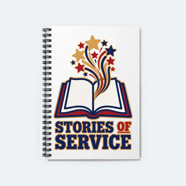 Stars rising from an open book, STORIES OF SERVICE, on a white spiral notebook