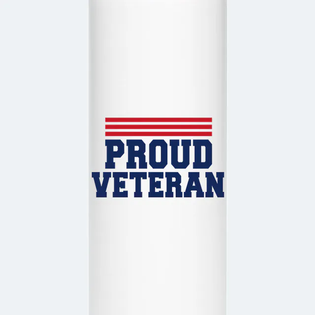 A band of red stripes over PROUD VETERAN, on a white steel tumbler