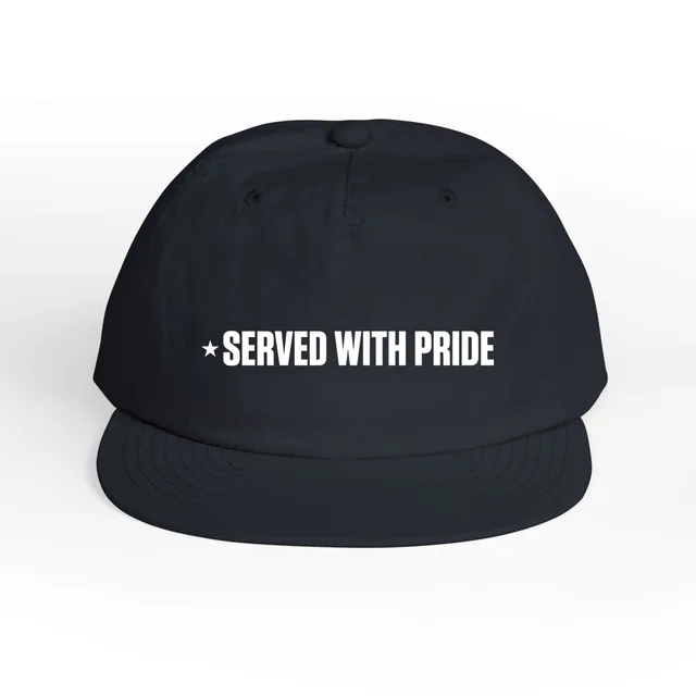 A small star beside SERVED WITH PRIDE, on a navy surf cap