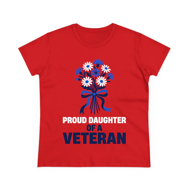 Daisies and cornflowers, PROUD DAUGHTER OF A VETERAN, on a red women's t-shirt