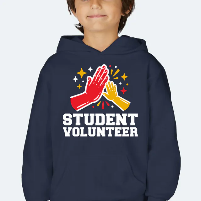 A small and a large hand in a high five, STUDENT VOLUNTEER, on a navy youth hoodie