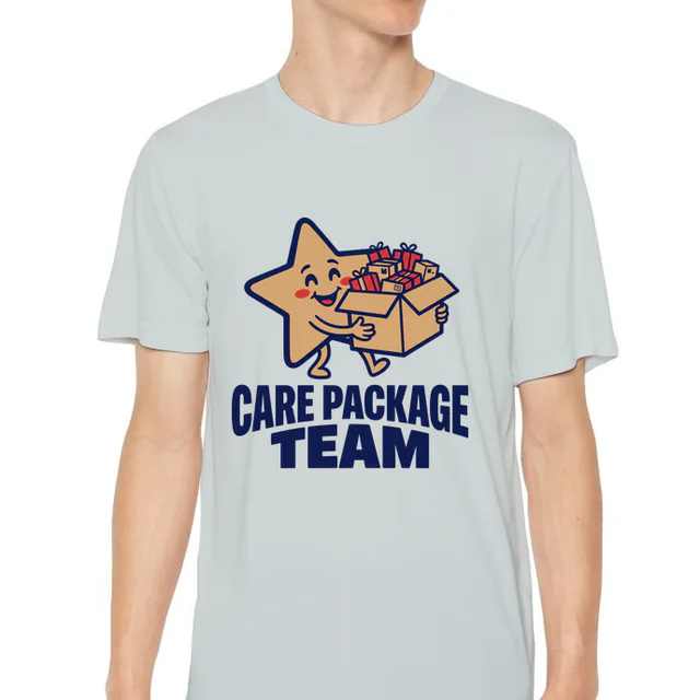 A star carrying a box of care packages, CARE PACKAGE TEAM, on a silver youth performance tee