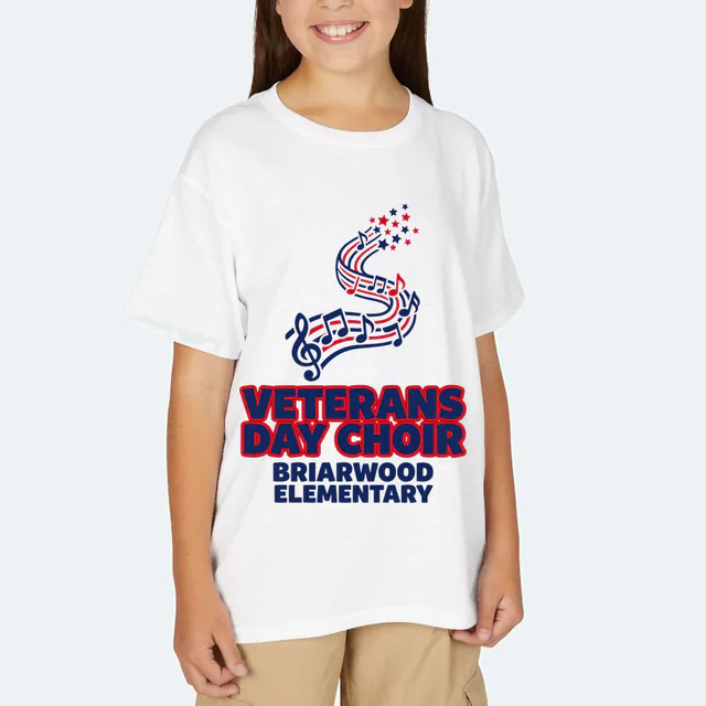 Music notes rising into stars, VETERANS DAY CHOIR, on a white youth t-shirt