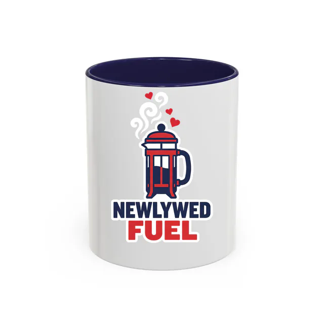 A French press steaming hearts, NEWLYWED FUEL, on a navy accent mug
