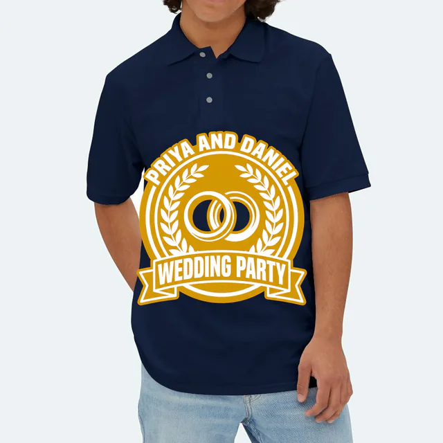 Interlocking rings in a laurel crest, WEDDING PARTY, on a navy adult polo