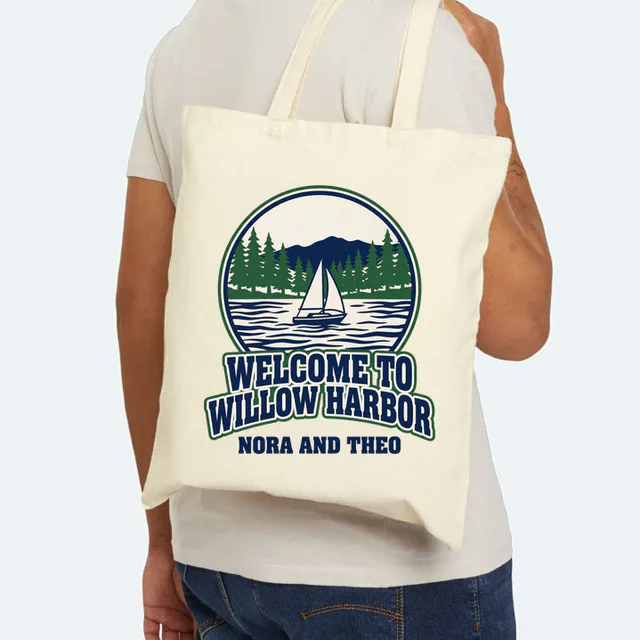A sailboat on a lake, WELCOME TO WILLOW HARBOR, on a natural canvas tote
