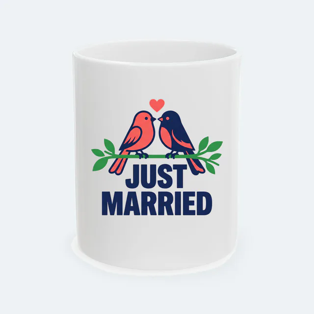 Two lovebirds on a branch, JUST MARRIED, on a white ceramic mug