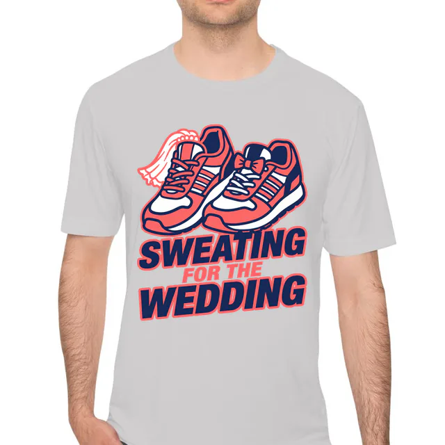 Sneakers in a veil and a bow tie, SWEATING FOR THE WEDDING, on a silver performance tee