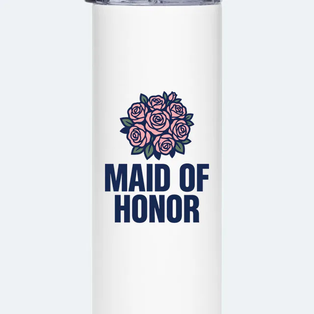 A rose bouquet over MAID OF HONOR, on a white steel tumbler