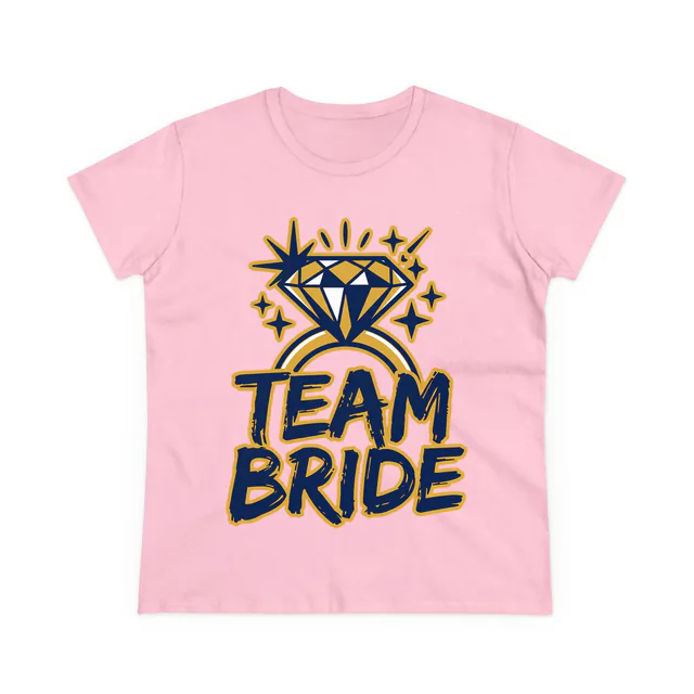 A sparkling diamond ring, TEAM BRIDE, on a light pink women's t-shirt
