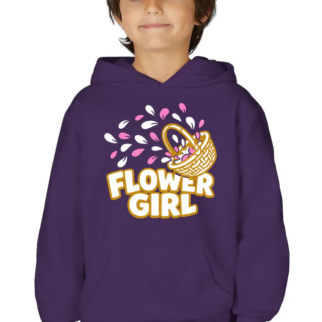 A basket tossing petals into the air, FLOWER GIRL, on a purple youth hoodie