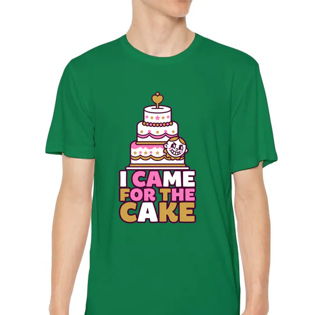 A face peeking behind a wedding cake, I CAME FOR THE CAKE, on a kelly green youth performance tee