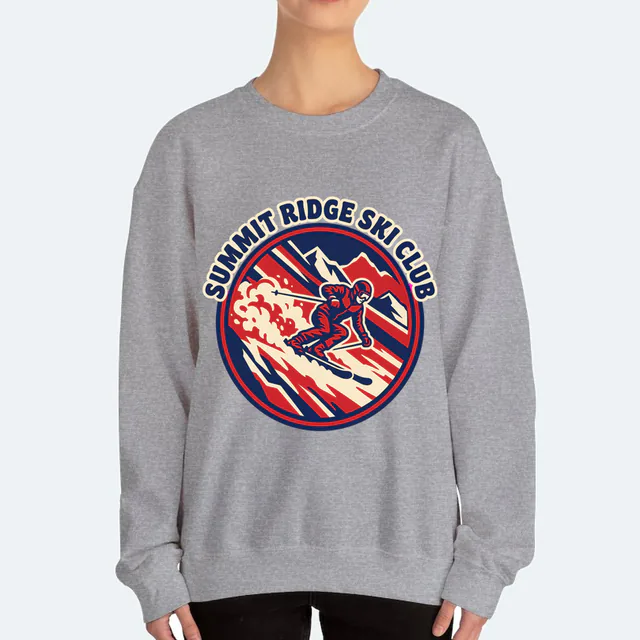 A retro skier badge for the Summit Ridge Ski Club, on a sport gray adult crewneck